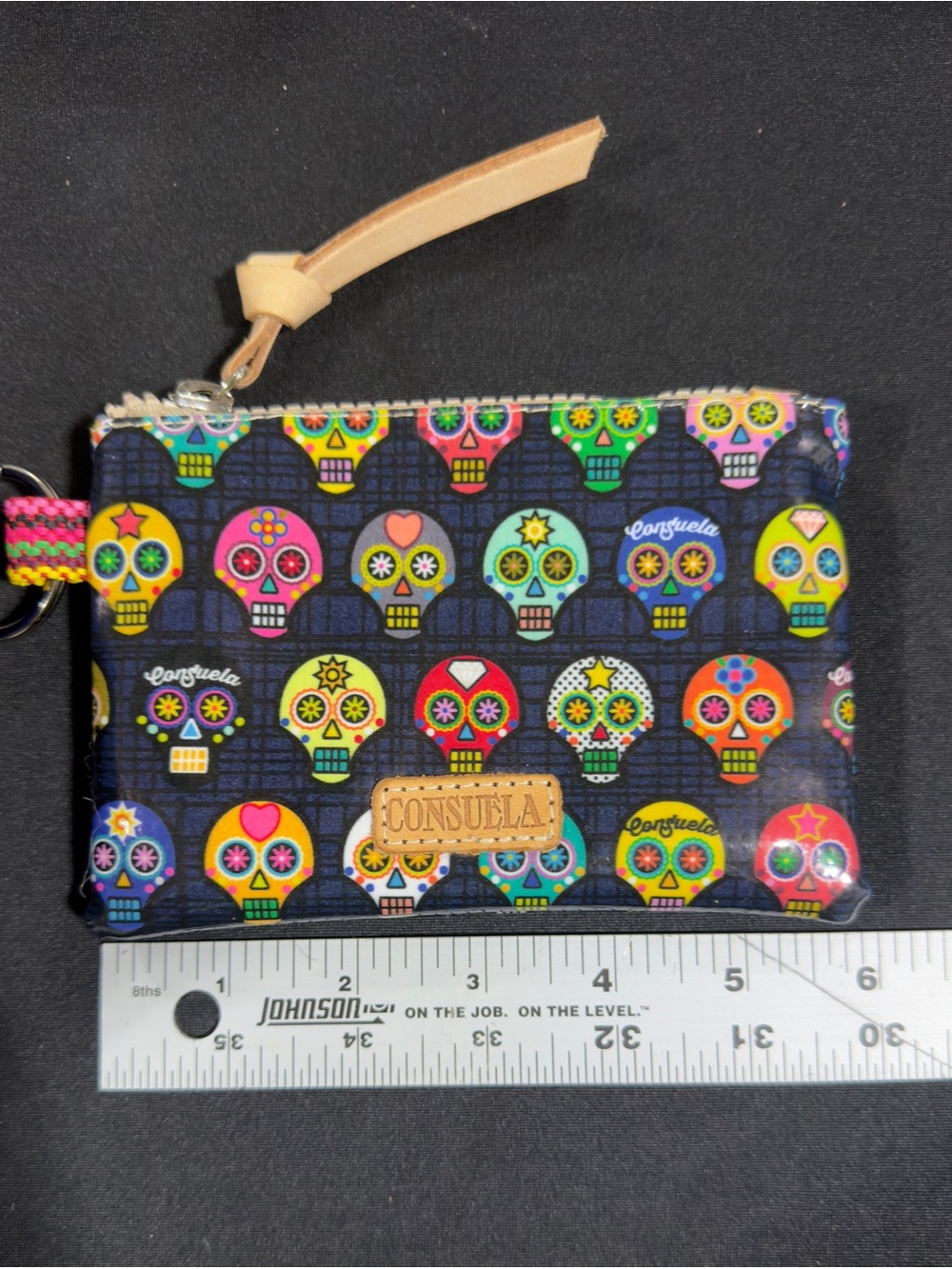 Consuela Tiny Teeny Pouch Sugar Skull Print Leather Trim Cosmetic Coin Bag - Picture 6 of 7